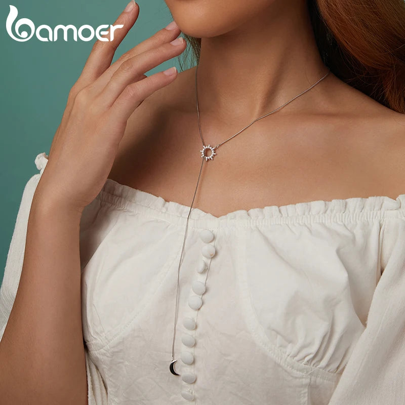 BAMOER White Gold Plated Sun & Moon Y-shaped Necklace, High Quality 925 Sterling Silver Necklace for Women Christmas Gift