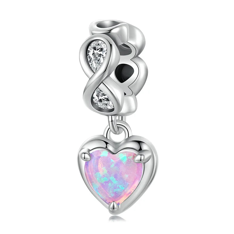WOSTU Mom's Jewelry Gift 925 Sterling Silver Pink Opal Inifinite Love Charm Pendant Heart Puzzle Beads Fit Bracelet DIY Making