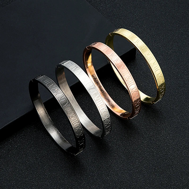 MKENDN Luxury Classic Carving Roman Numeral Stainless Steel Cuff Bangle Bracelet For Men Women Jewelry