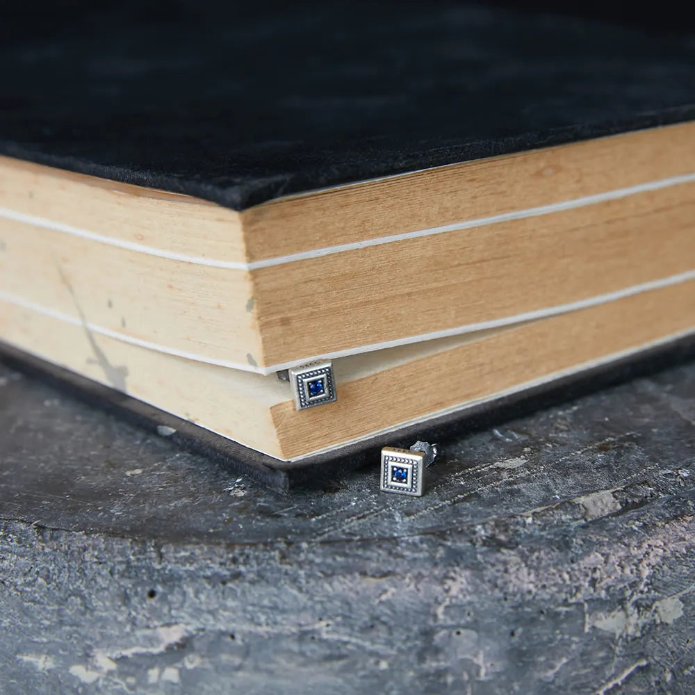 MKENDN Gothic Style 925 Sterling Silver Retro Square Blue Zircon Stud Earrings For Men Women Personality Punk Rock Ear Jewelry