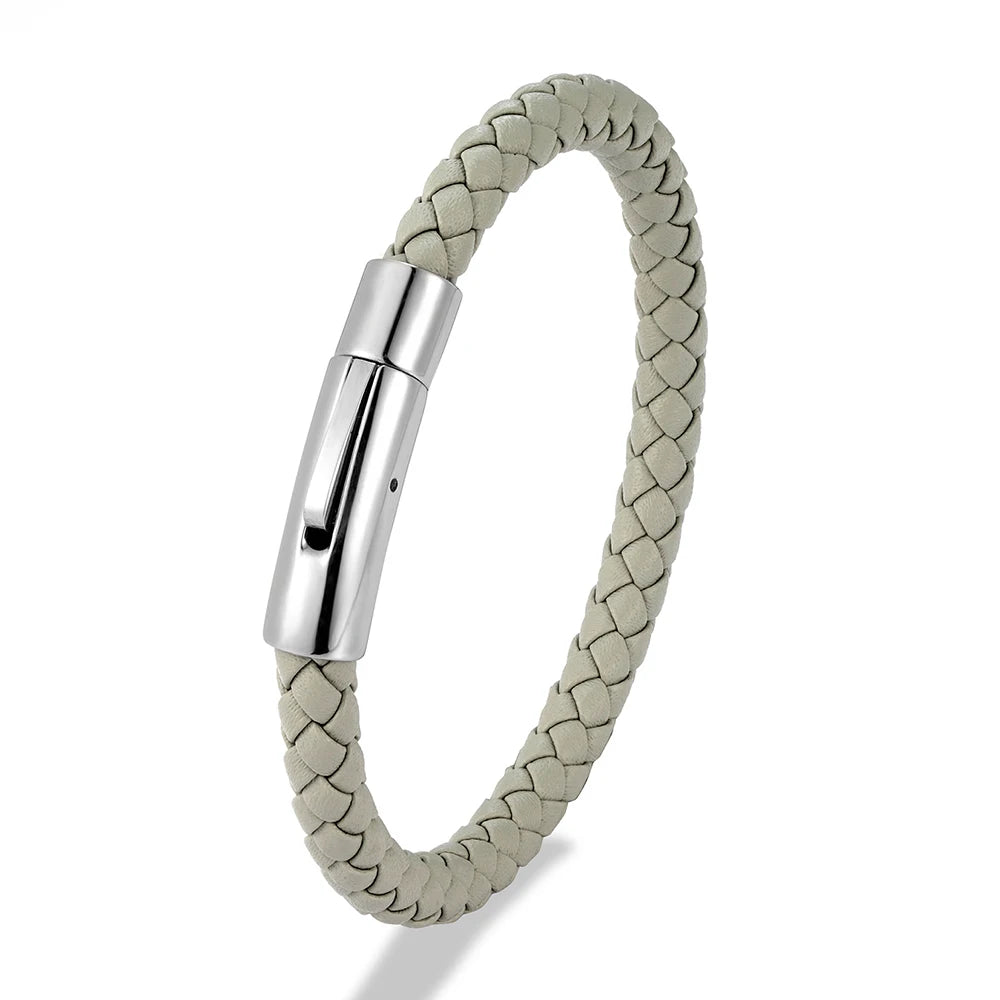 MKENDN 6 mm rotes geflochtenes Lederarmband für Damen und Herren, Edelstahlknopf, Schmuck, Unisex-Geschenk für Paare, klassisch schlichtes Design