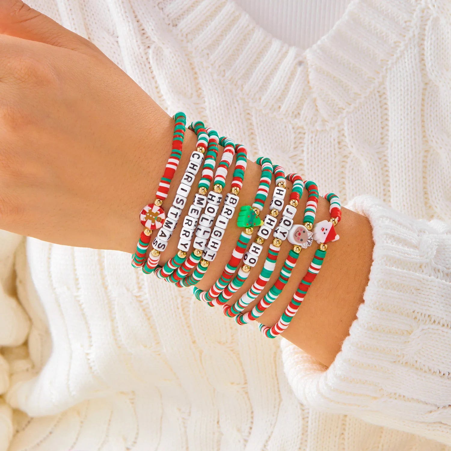 12/10Pcs Elastic Beaded Bracelets Christmas Colorful Beads Soft Clay Pottery Stretchy Strand Chain Bangle Party Festival Jewelry