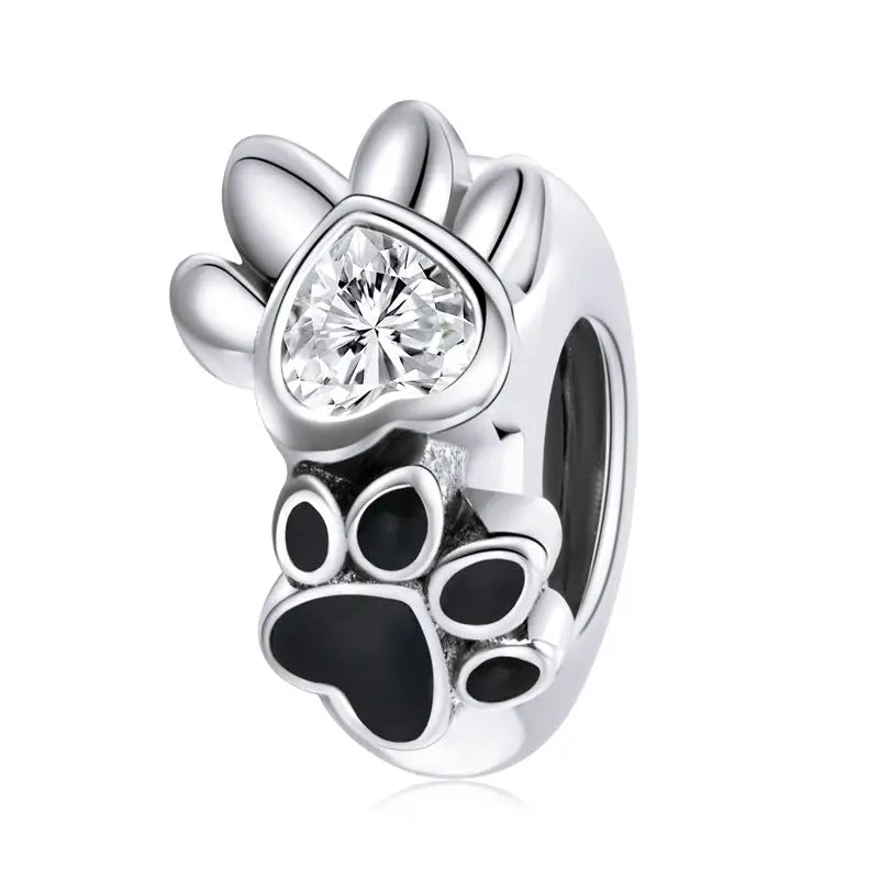 WOSTU 925 Sterling Silver Pet Paw Print Silicone Beads Lovely Cat Spacer Bead Fit Original Bracelet Gift For Pet Lover Family