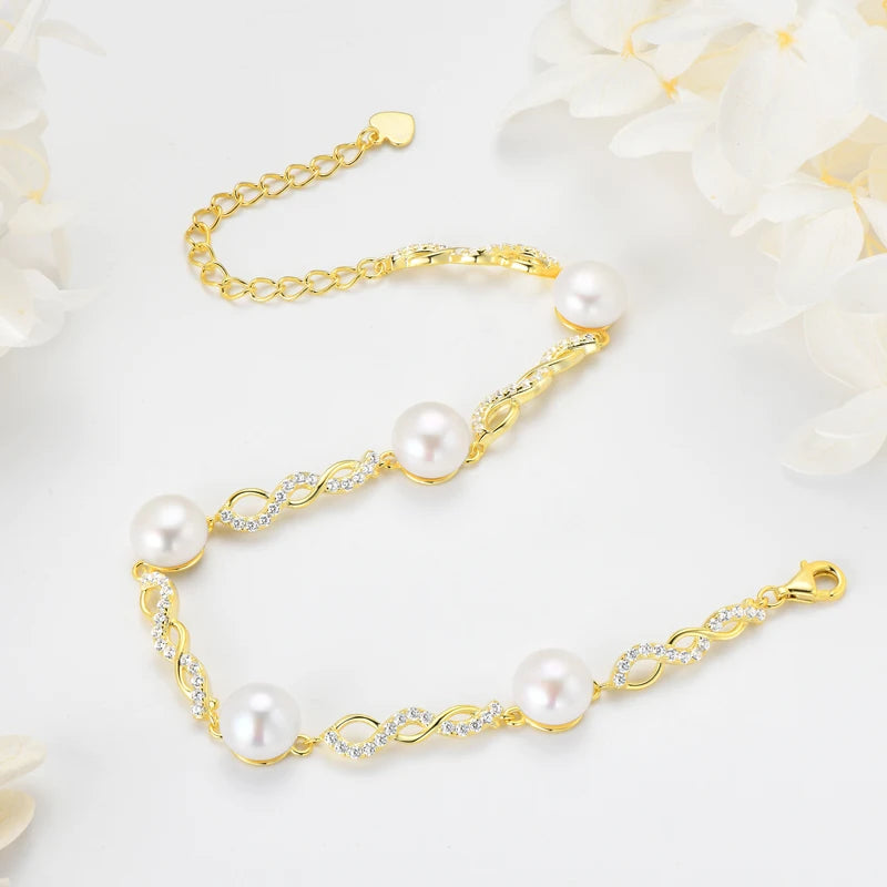 OXTAO 8mm Natural White Freshwater Pearl Zircon Bracelet 925 Sterling Silver Adjustable Chain Fashion Jewelry Gift Wholesale