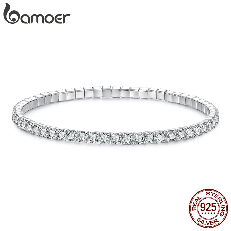 BAMOER Luxus-Tennisarmband aus 925er Sterlingsilber mit Pavé-Fassung, dehnbar, mit runden Zirkonia-Steinen, klassisches Geschenk für Damen zur Hochzeit