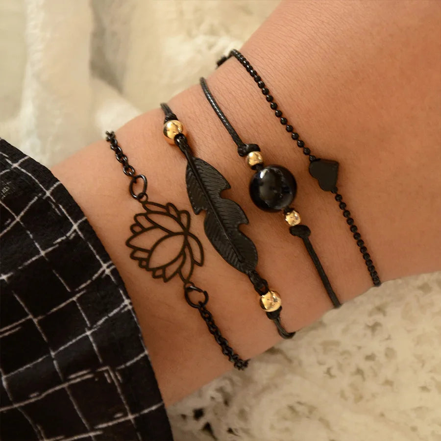 Trendy Geometric Link Chain Bracelet Set For Women Rhinestones Gold Color Leaves Heart Pendant Open Cuff Bangle Girls Jewelry - Madeinsea©