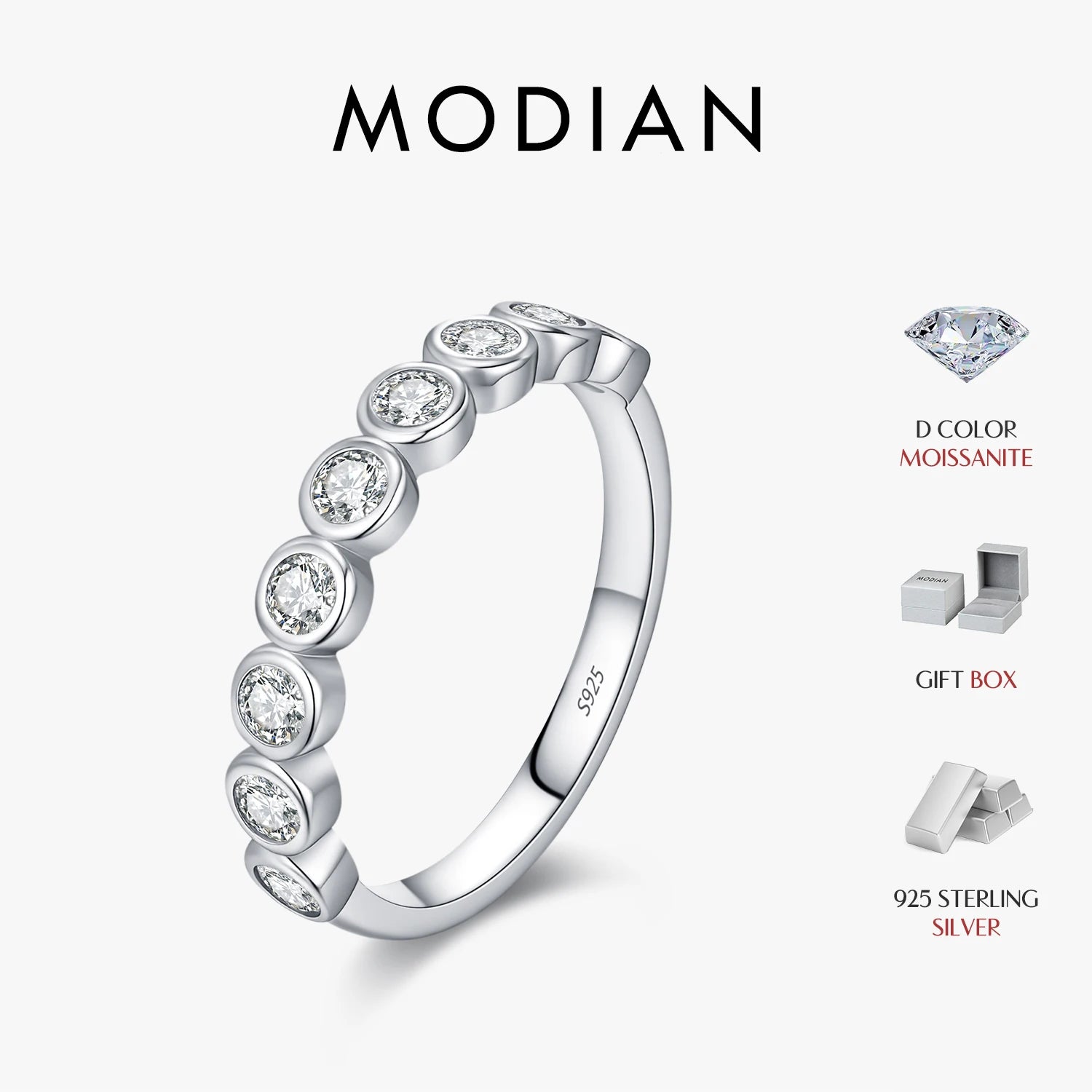 MODIAN D Color Round Moissanite Eternity Ring 925 Sterling Silver Stackable Finger Rings For Women Wedding Fine Jewelry Gifts
