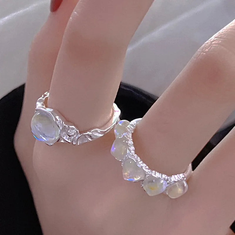 Creative Unique Lines Ring For Women Moonstone Irregular Jewelry Finger Adjustable Open Vintage Ring For Party Birthday Gifts