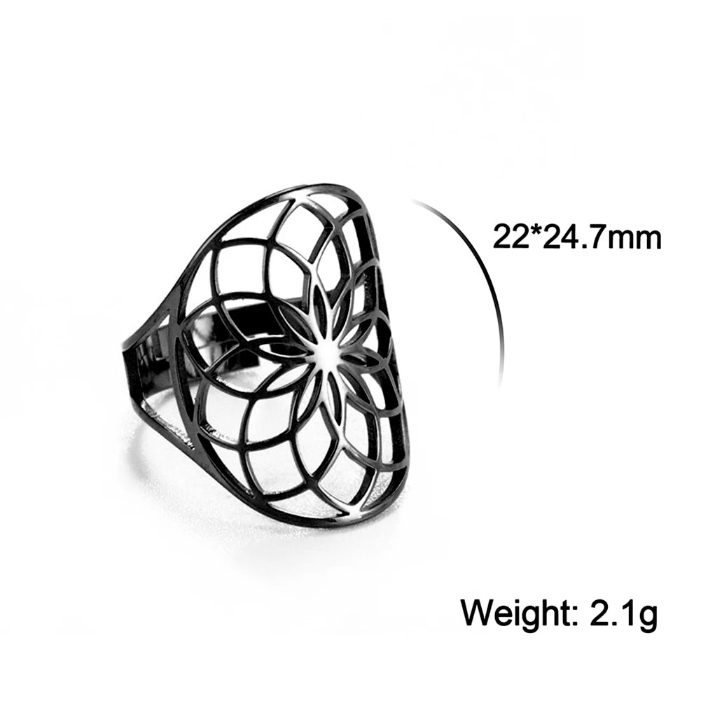 Unift Scared Geometry Flower of Life Ring Adjustable Stainless Steel Ring Men Women Accessories Vintage Filigree Viking Jewelry - Madeinsea©