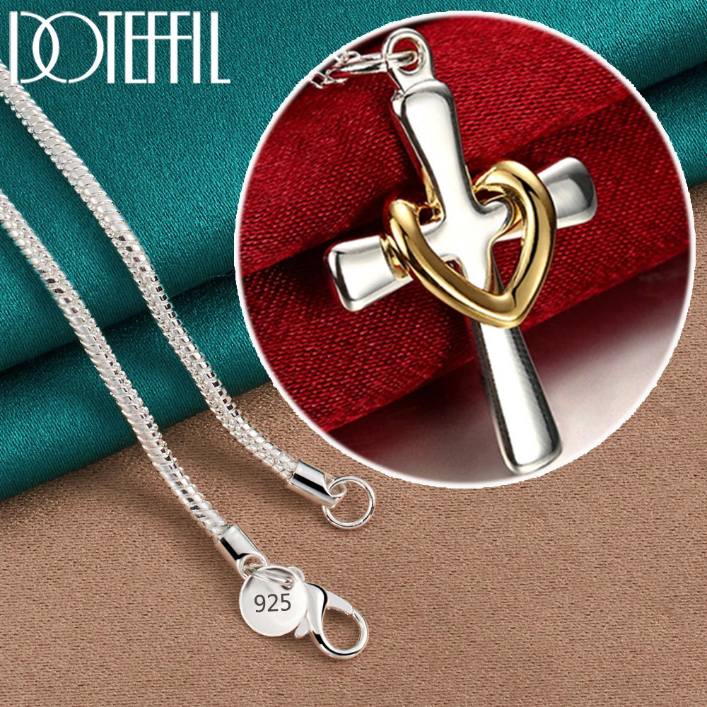 DOTEFFIL 925 Sterling Silver Cross Heart Pendant Necklace For Woman Man Wedding Engagement Party Charm Jewelry