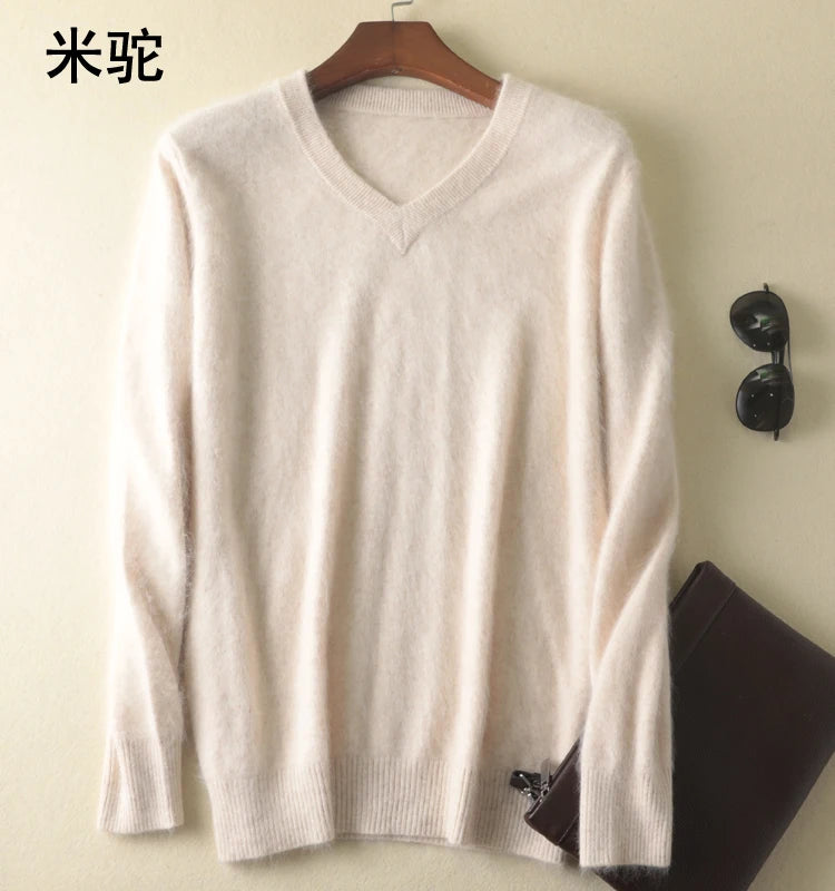 LHZSYY Men's 100% Mink Cashmere Large Size Sweaters Autumn Winter Solid V-neck Casual Knit Pullovers Men Long Sleeve Warm Jumper - Madeinsea©