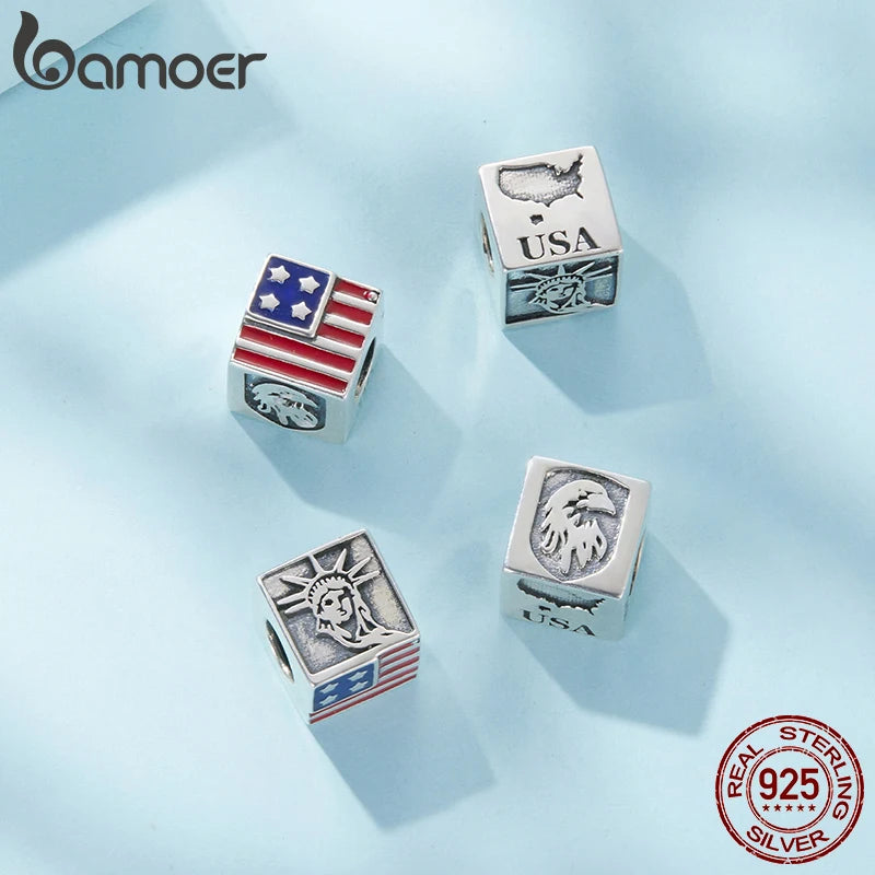 Bamoer 925 Sterling Silver World Travel Souvenir Charms Square National Beads for Women DIY Bracelet Accessories Culture Gift