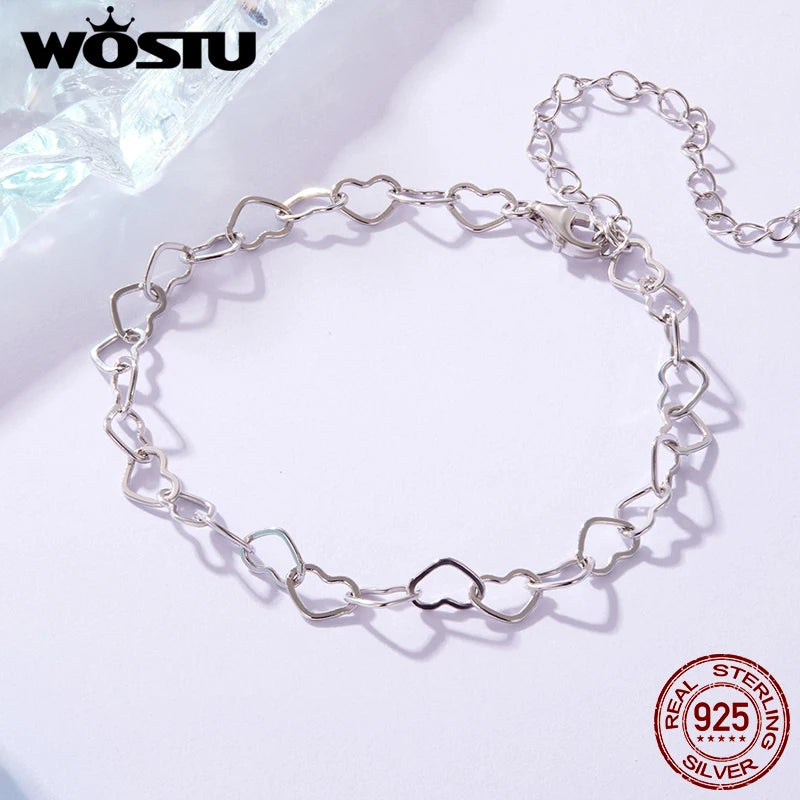 WOSTU 925 Sterling Silver Crystal Bracelet Blue Purple Heart Bangle  For Women Wedding Gift Fine Jewelry