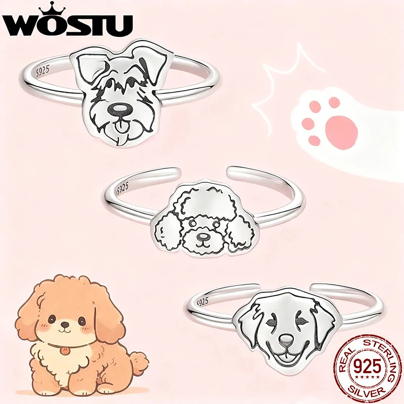 WOSTU Adjustable 925 Sterling Silver Dog Ring for Dog Lovers, Flat Cut Pet Animal Puppy Signet  Stacking Rings Girl Jewelry Gift