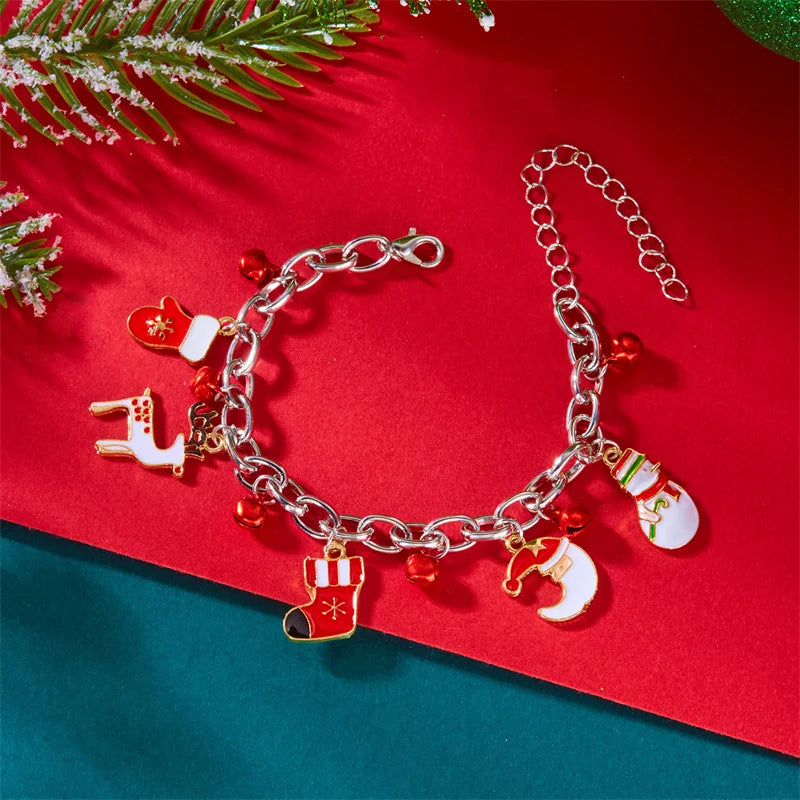 Fröhliche Weihnachten! Metallarmband mit Kette für Damen und Herren, Weihnachtsmann, Weihnachtsbaum, Schneeflocke, Elch, Schneemann – Armreifen für Mädchen, Partyschmuck, Geschenkidee