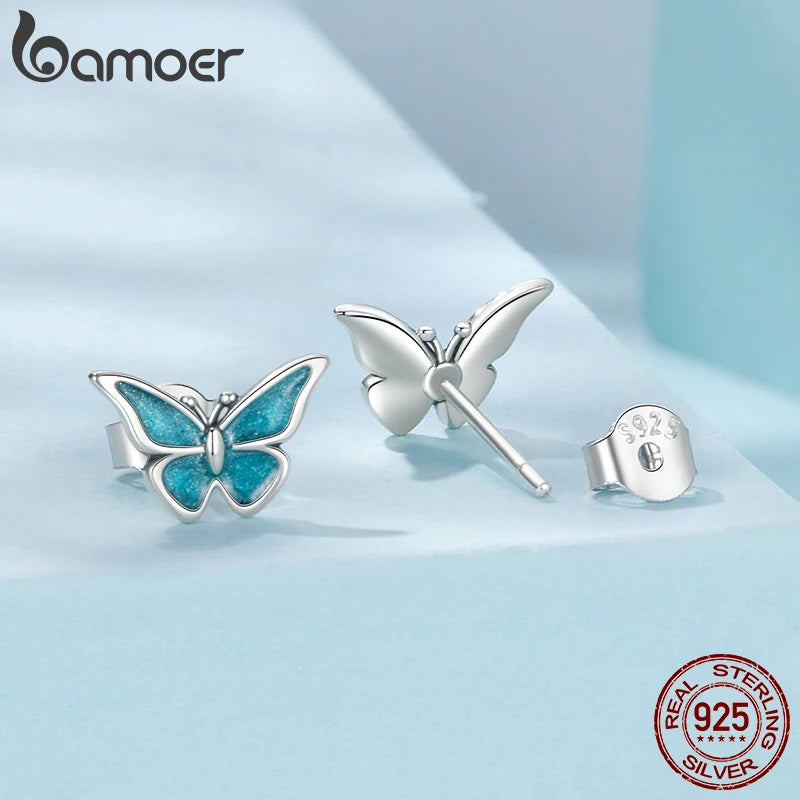 BAMOER 925 Sterling Silver Cute Butterfly Stud Earrings Blue Enamel Insect Earrings for Women Teens Young Lively Jewelry Gift