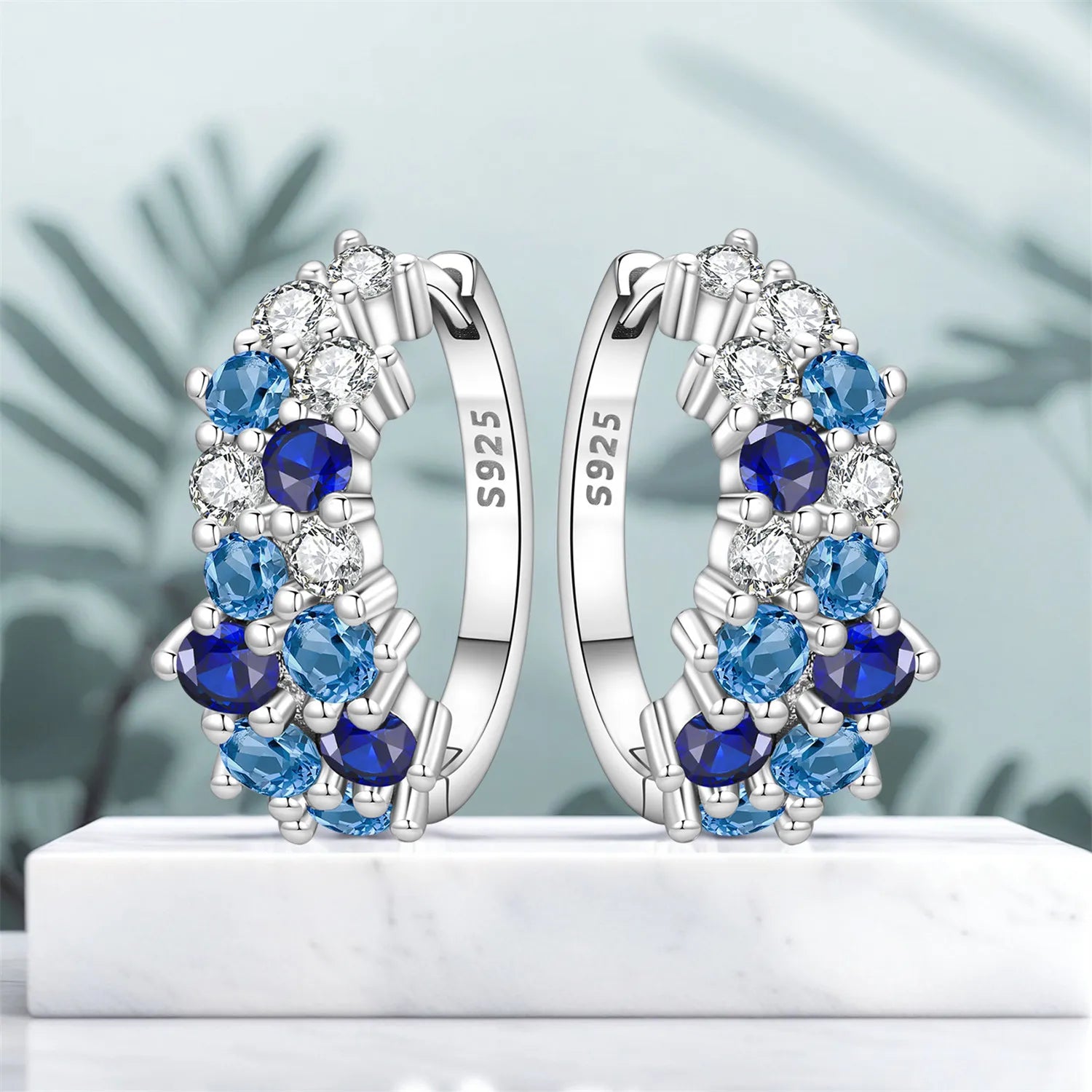 PANPOKI S925 Sterling Silver Blue Gradient Zircon Earrings Versatile Hoop Earrings For Women Jewelry Original Party Gifts