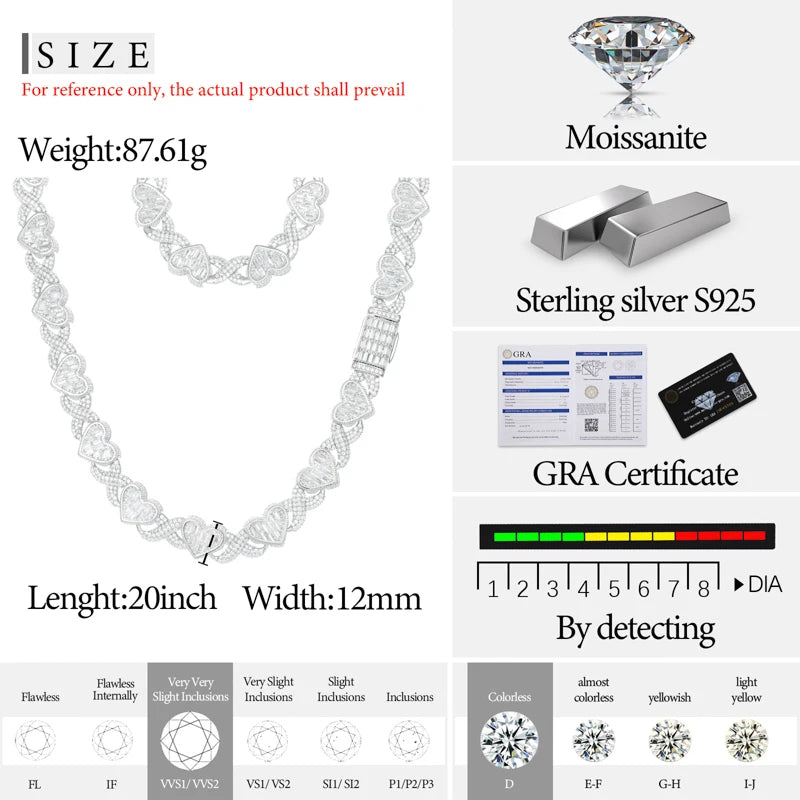 TUHE Hip Hop Unisex High Quality VVS1 Moissanite Heart Necklace 925 Silver For Men Hip Hop Jewelry