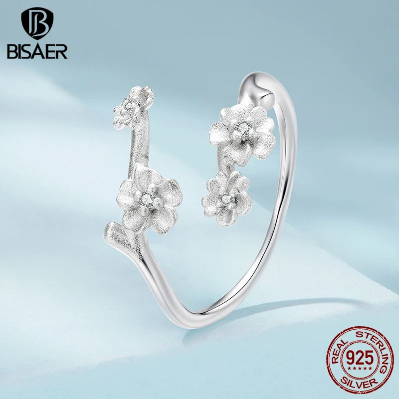 BISAER 925 Sterling Silver Plum Blossom Open Ring Flower Adjustable Band Plated White Gold for Women Party Original Fine Jewelry