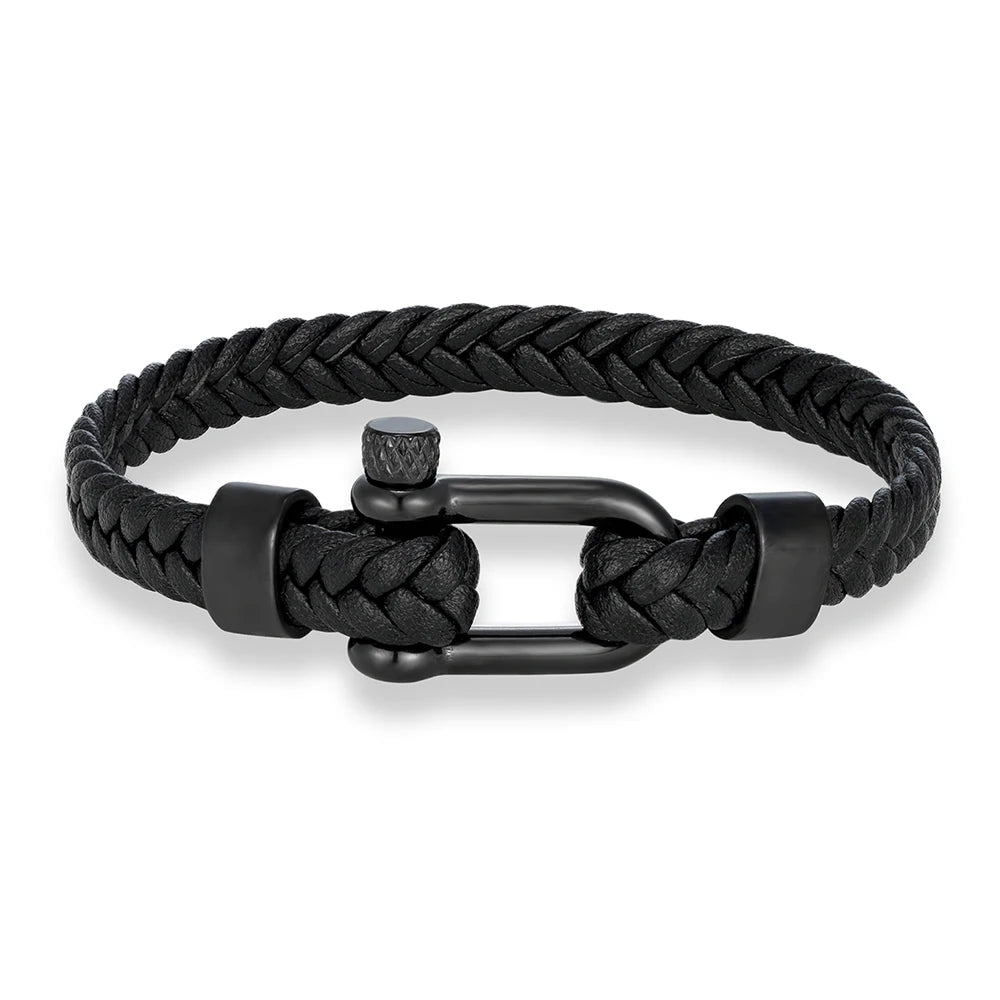MKENDN Minimalist Nautical Style Braided Leather Bracelet Stainless Steel U-Shape Shackle Buckle Survival Jewelry For Men Women