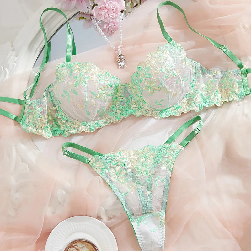 Sexy Female Lingerie Ultra Thin Bra Set Romantic Underwear Beautiful Embroidery Lace Lingerie Translucent Underwear Erotic Sets
