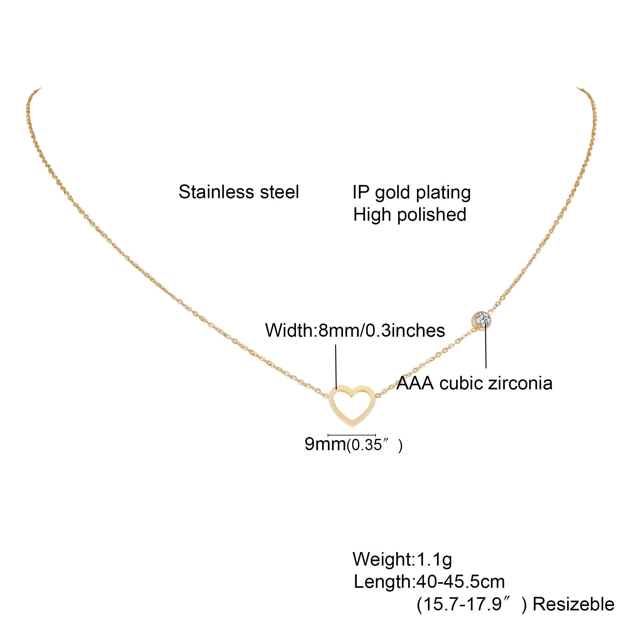 Vnox Gold Color Bow Single Zircon Chain Necklace For Women Stainless Steel Heart  Accessories Pendent Necklace Light Jewelry