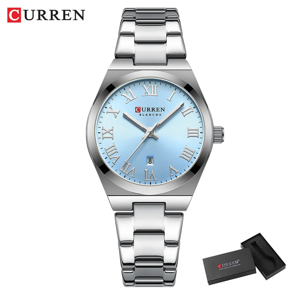CURREN Fashionable Quartz Watches for Women Roman Numerals Simple Elegant Stainless Steel Braclete Ladies Wristwatch