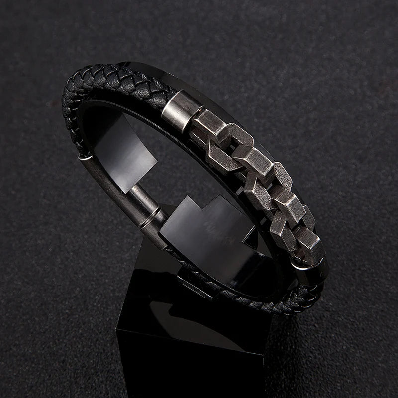 MKENDN Charm Braid Rope Armband für Herren, Edelstahl oxidiert, Bikerkette mit Knopfverschluss, Punk-Schmuckgeschenk für Damen und Herren