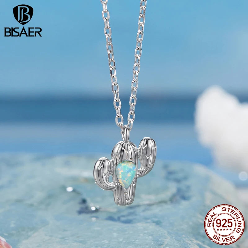 BISAER 925 Sterling Silver Cactus Pendant Necklace Water-drop Opal Chain Plated White Gold For Women Party Fine Jewelry ECN536