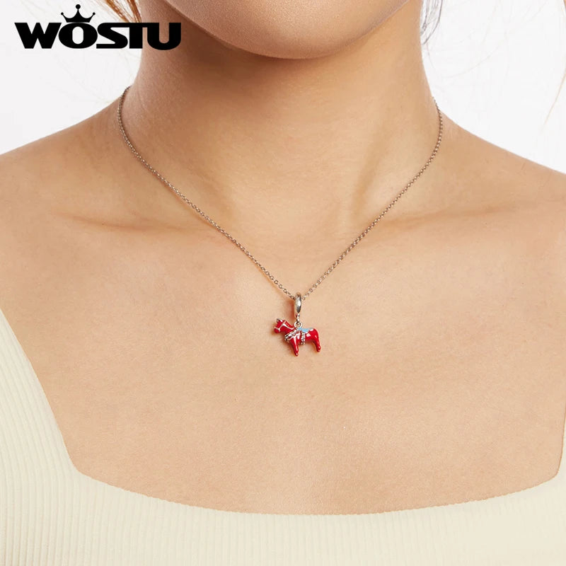 WOSTU 925 Sterling Silver Red Dalarna Horse Pendant Animal Charm Fit DIY Bracelet Necklace Women Family Daughter Jewelry Gift