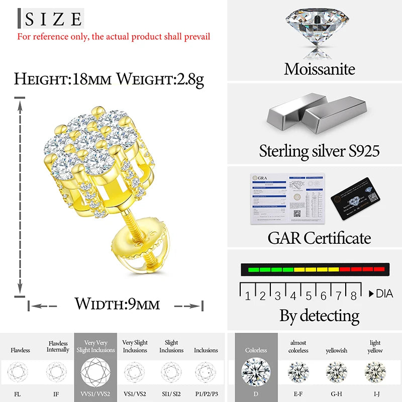 Unisex Fine Hip Hop Jewelry Moissanite Earrings For Women 925  Stud Earrings