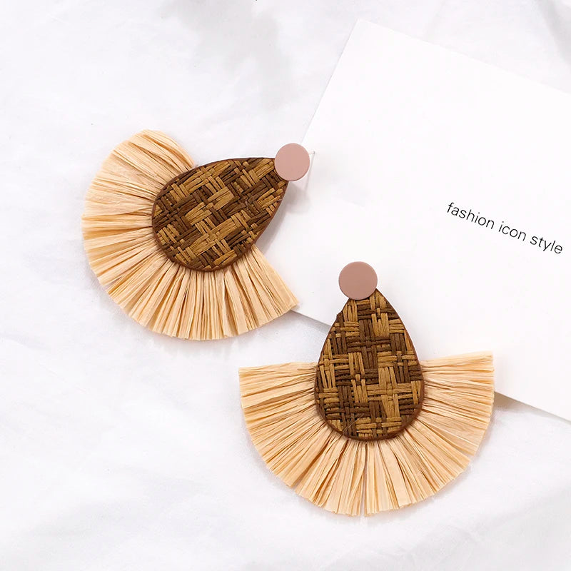 AENSOA Handmade Woven Rattan Knit Raffia Wooden Drop Earrings for Women Bohemian Circular Fan Shaped Statement Earrings Jewelry