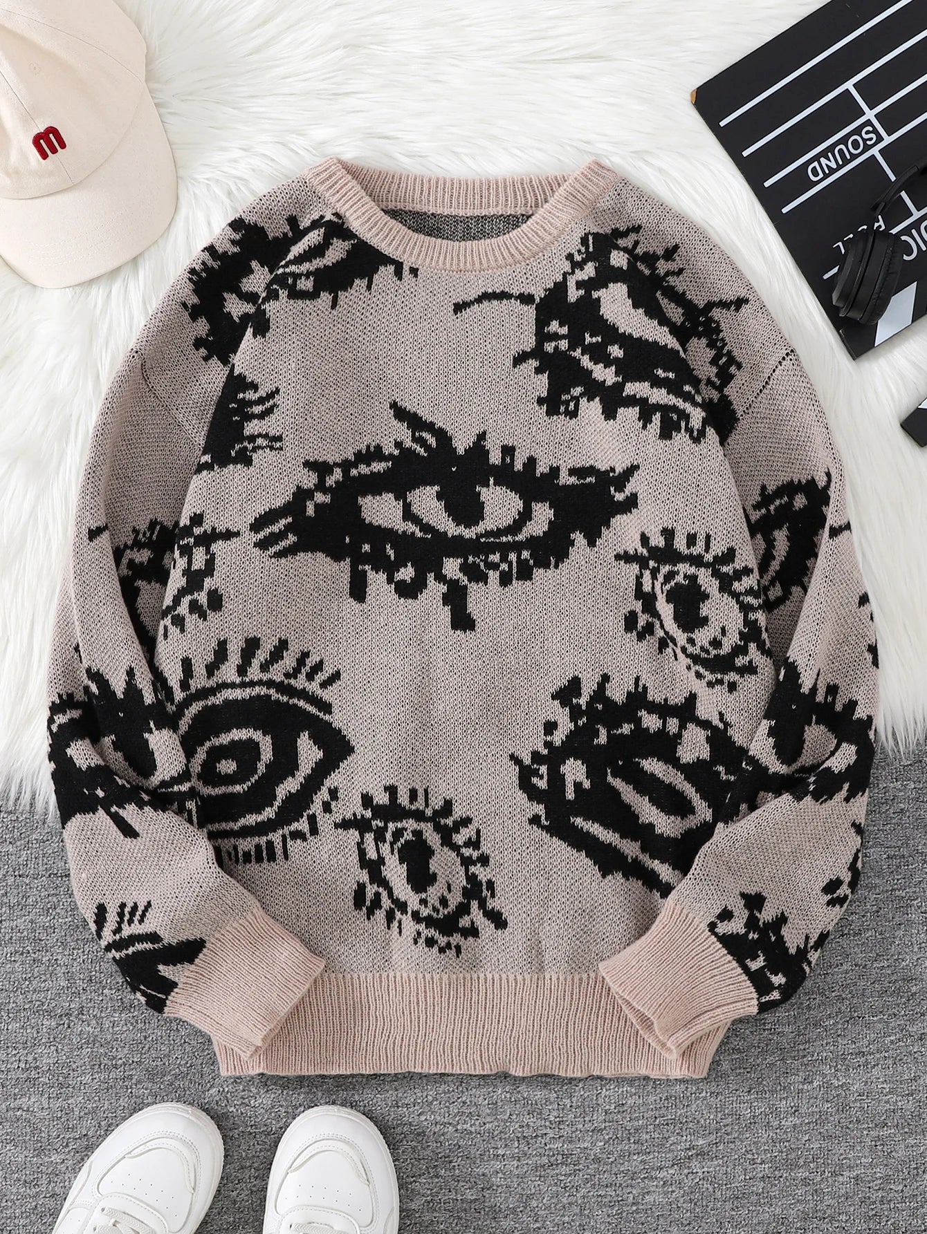New Popular Autumn and Winter Abstract Eye Jacquard Pattern Pullover Sweater Casual Round Neck Knitted Men's Pullover