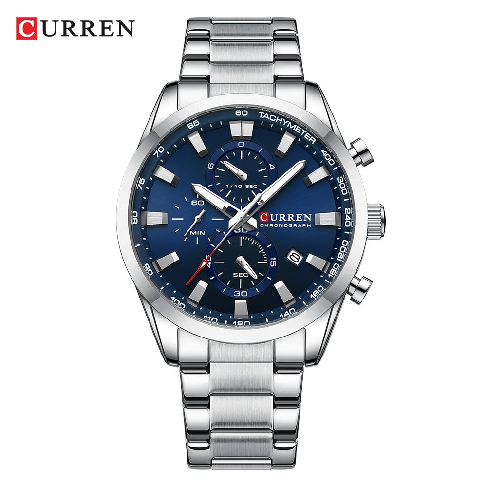 CURREN Casual Sporty Brand Stainless Steel Band Wristwatches for Men New Chronograph Quartz Watches with Date 8445