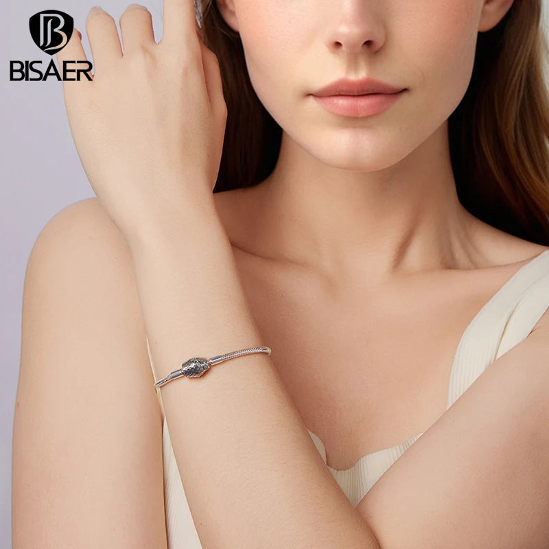 BISAER 925 Sterling Silver Snake Green Zircon Bracelet Snake Bone Basic Bracelet for Women Charms Beads DIY Fine Jewelry Gift