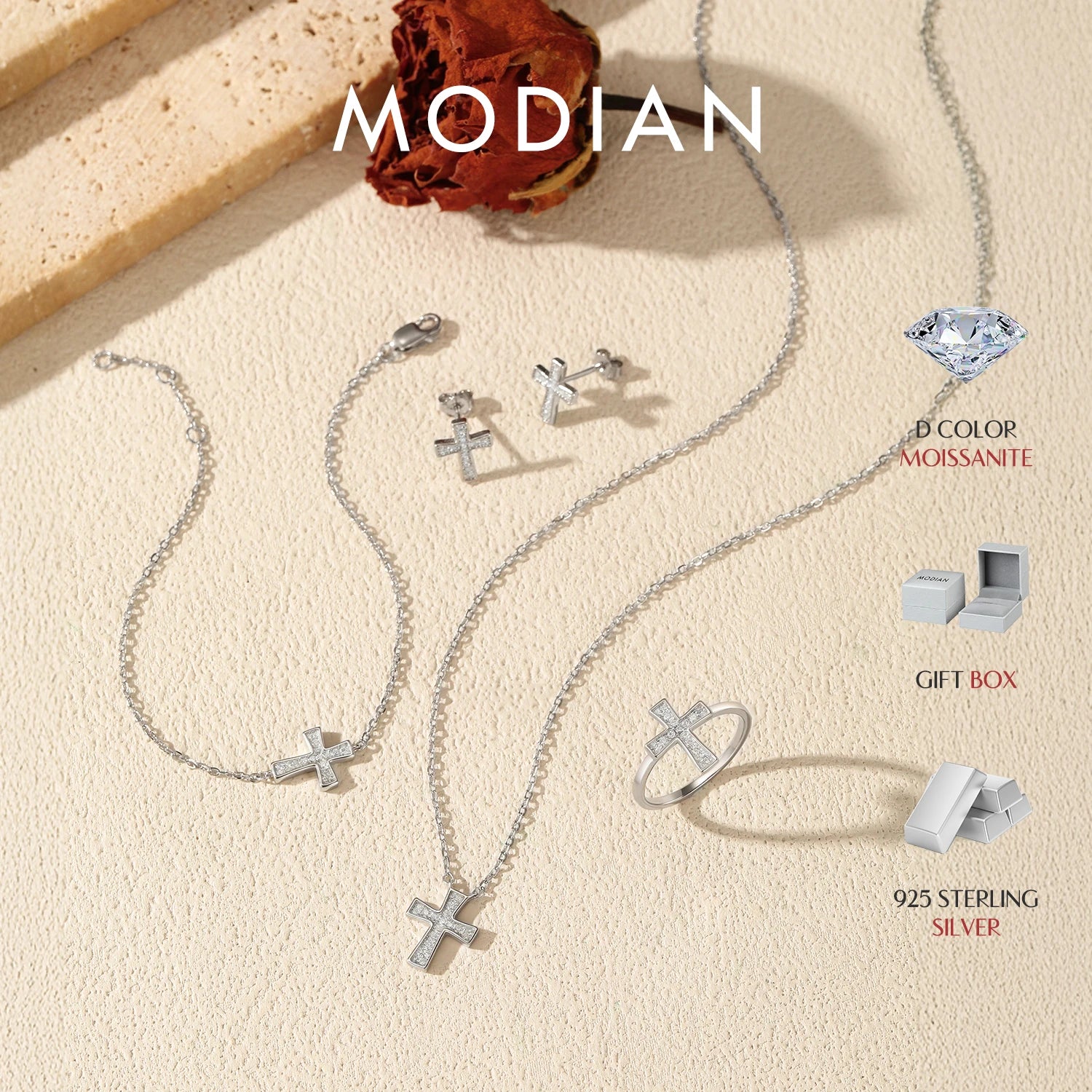 MODIAN Moissanite Sets 925 Sterling Silver Simple Cross Ear Studs Fashion Cluster Rings Bracelet Necklace For Women Fine Jewelry