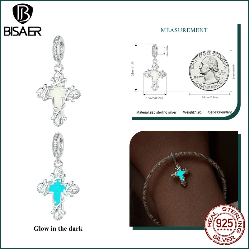 BISAER 925 Sterling Forever Luminous Star Wishing Bottle Charm Bead Moon Cat Owl Pendant Fit Women DIY Bracelet Fine Jewelry