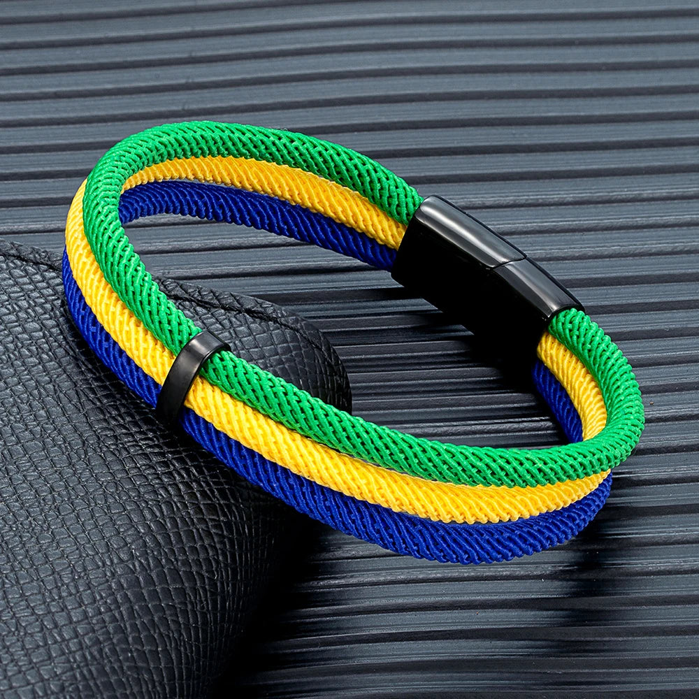 MKENDN Schwarzes Edelstahl-Armband mit Magnetverschluss, mehrlagiges Seil, handgefertigtes Design, Herren- und Damenschmuck mit Flaggen aus Frankreich, Brasilien und Spanien