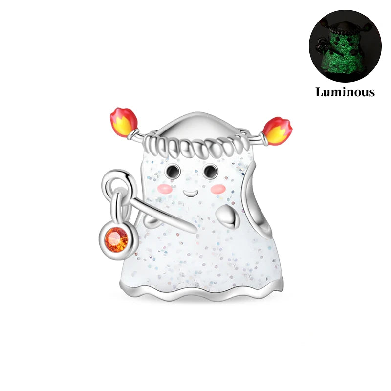 2024 New 925 Sterling Luminous Halloween Skull Witch Pumpkin Candy Charms Beads Fit 3mm Original Bracelets DIY Party Jewelry