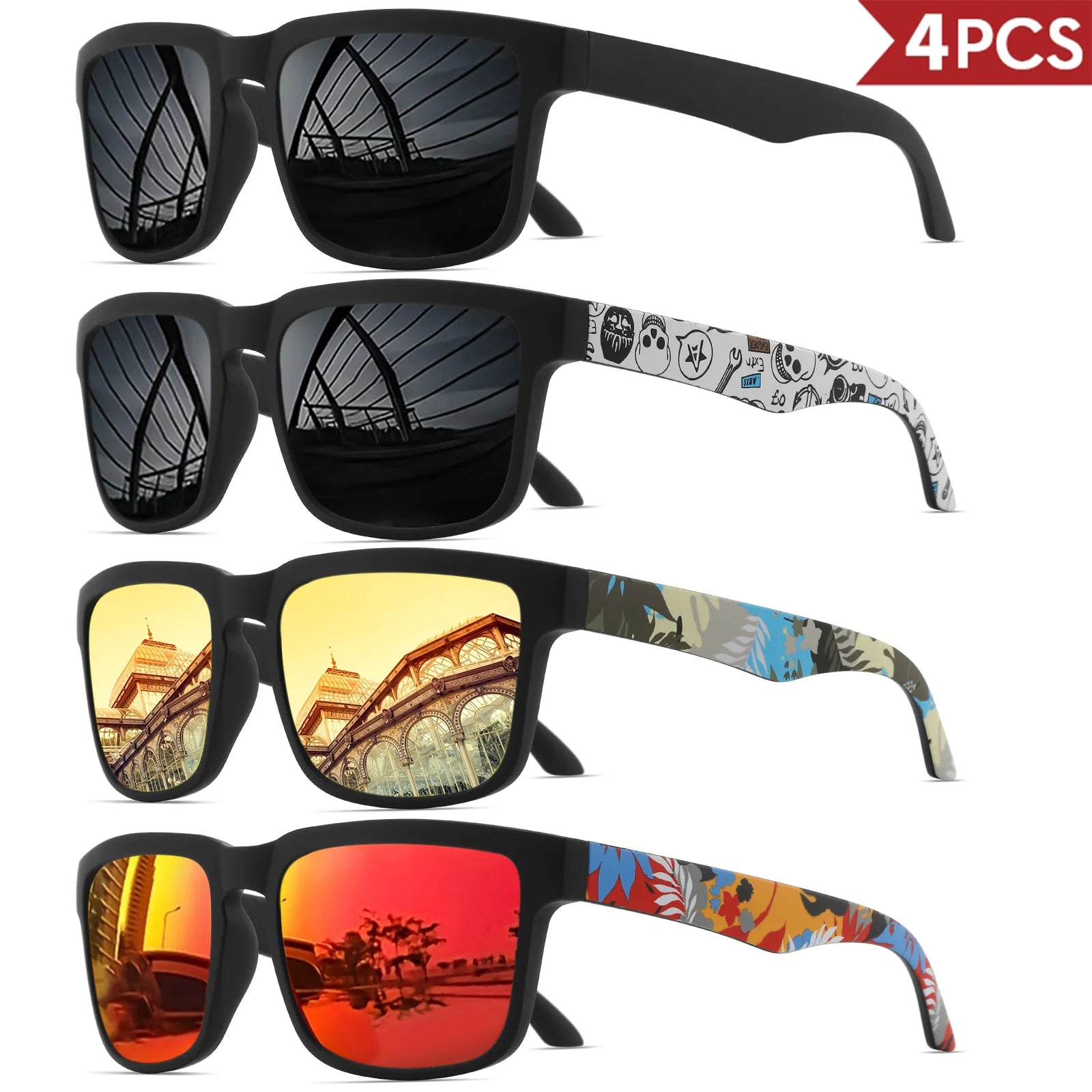 4PCS Square Sports Sunglasses with Designer Temple Pattern - UV400 for Men Women, Beach Vacation