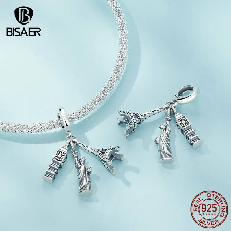 BISAER 925 Sterling Silver World Famous Building Style Charms Beads Eiffel Tower Big Ben Pendant Fit Bracelets DIY Fine Jewelry