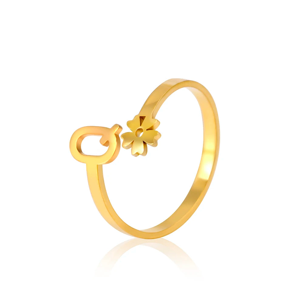Stainless Steel Flower 26 Alphabet Open Ring for Women A-Z Initial Name Ring 2022 New Fashion Jewelry for Birthday Gift