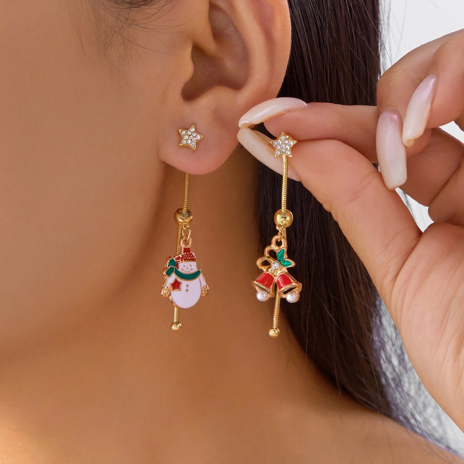 Moving Santa Claus Asymmetric Long Tassel Drop Earrings For Women Christmas Tree Snowflake Star Zircon Earring New Year Jewelry