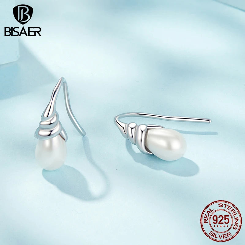 Boucles d'oreilles à tige en coquillage de conque en argent sterling 925 BISAER Boucles d'oreilles en perles de coquillage plaquées or blanc pour femmes Bijoux fins de fête Cadeau