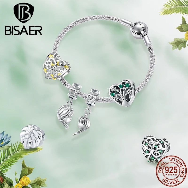 BISAER 100% 925 Argent Sterling Arbre De Vie Breloques Perles Vie Famille Fit Femmes Original DIY Bracelet Collier Bijoux Fins Cadeau