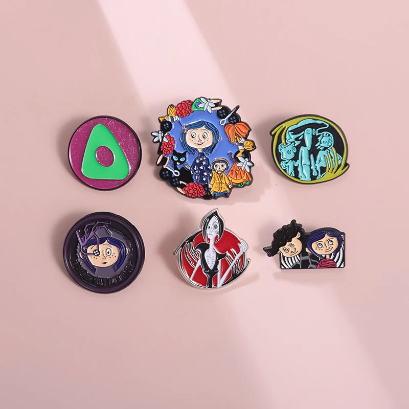 Horror Animated Films Coraline Doll Enamel Pins Cartoon Character Role Brooch Lapel Badge Punk Halloween Jewelry Gift for Friend