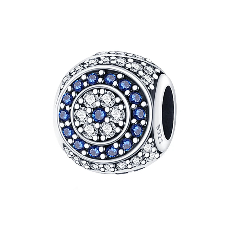 Genuine 925 Silver Evil Eye Blue Zircon Round Lucky Charms Beads Fit Pandach 925 Original Bracelets Fine DIY Birthday Jewelry