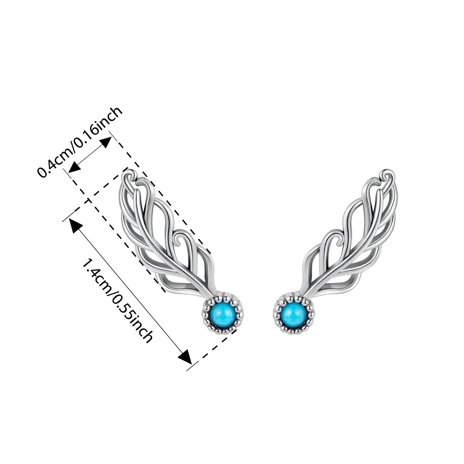 BISAER 925 Sterling Silver Turquoise Feather Stud Earrings Vintage Feathers Stud Ear for Women & Girls Party Fine Jewelry Gift