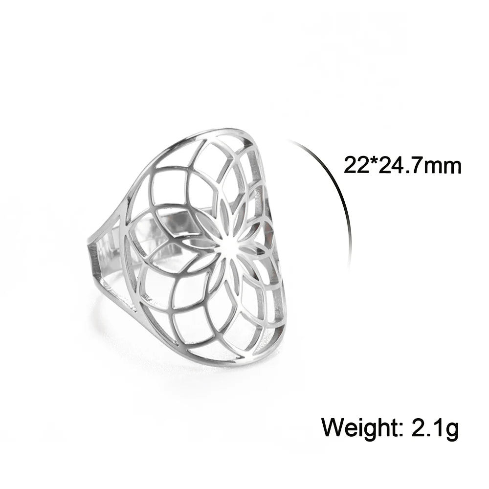Unift Scared Geometry Flower of Life Ring Adjustable Stainless Steel Ring Men Women Accessories Vintage Filigree Viking Jewelry - Madeinsea©
