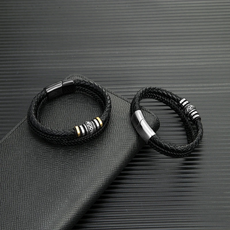 MKENDN Punk Men Multilayer Woven Genuine Leather Bracelet Black Stainless Steel Rune Magnetic Buckle Bracelet Homme Pulseras